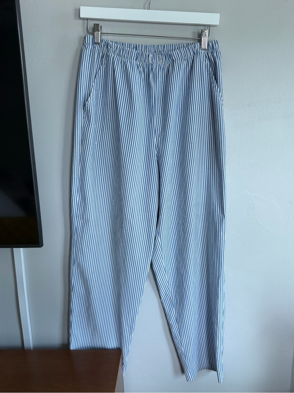 Vintage Orvis Blue White Striped Pants Relaxed Fit Elastic Waist Womens Small